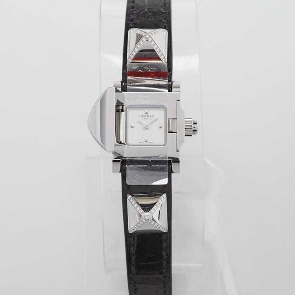 Hermes Black Alligator and Stainless Steel with Diamonds 16mm Medor Quartz Watch - Picture 1 of 6